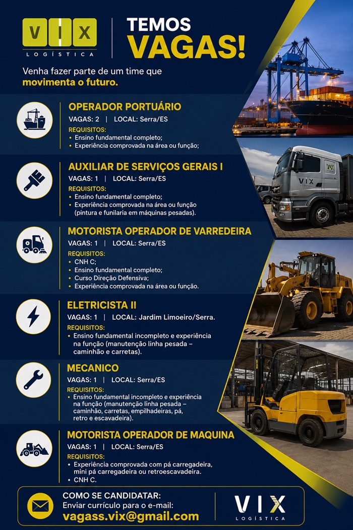 VIX LOGÍSTICA ABRE DIVERSAS VAGAS DE EMPREGO